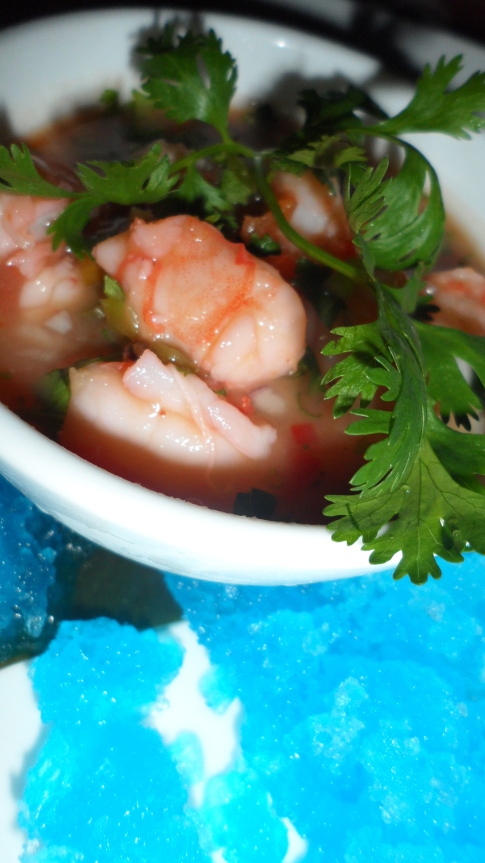 Course 1: Halibut and shrimp sangria ceviche